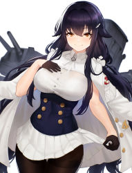 Rule 34 | 1girl, artnohearts, azuma (azur lane), azur lane, black gloves, black hair, black pantyhose, blush, bra visible through clothes, breasts, brown eyes, closed mouth, clothes lift, covered navel, gloves, hair between eyes, hair ornament, hairclip, half gloves, hand on own chest, head tilt, large breasts, lifted by self, long hair, looking at viewer, miniskirt, pantyhose, pleated skirt, simple background, skirt, skirt lift, smile, solo, thigh gap, thighband pantyhose, very long hair, white background, white skirt