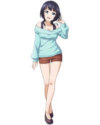 Rule 34 | 10s, 1girl, anklet, aqua shirt, artist name, artist request, asaka karin, bare legs, bare shoulders, birthday, blue eyes, blue hair, blush, breasts, brown footwear, brown pants, brown shorts, cleavage, collarbone, dark blue hair, dress, female focus, full body, happy birthday, jewelry, long sleeves, looking at viewer, love live!, love live! nijigasaki high school idol club, love live! school idol festival, lowres, medium hair, mole, open mouth, pants, parted lips, shirt, shoes, short hair, short shorts, shorts, simple background, skirt, smile, solo, standing, white background