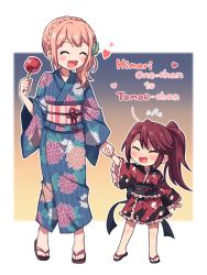 Rule 34 | 2girls, :d, ^ ^, aged down, ahoge, alternate hairstyle, back bow, bang dream!, blue kimono, blush, bow, braid, candy apple, character name, child, closed eyes, crown braid, fang, floral print, flower, flying sweatdrops, food, frilled kimono, frills, full body, gradient background, hair flower, hair ornament, heart, holding hands, japanese clothes, kimono, long hair, long sleeves, multiple girls, obi, open mouth, outline, pink hair, ponytail, re ghotion, red hair, red kimono, sandals, sash, side ponytail, sidelocks, smile, standing, swept bangs, time paradox, udagawa tomoe, uehara himari, v-shaped eyebrows, white outline, wide sleeves