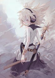 Rule 34 | 1girl, artist name, black sailor collar, blonde hair, breasts, closed mouth, cloud, commentary, fkey, headphones, highres, holding, holding sword, holding weapon, looking back, ritual baton, sailor collar, sleeveless, small breasts, solo, sword, touhou, toyosatomimi no miko, weapon, yellow eyes