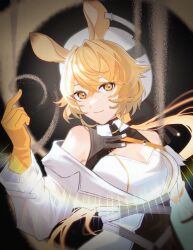 Rule 34 | 1girl, animal ears, arknights, bare shoulders, blonde hair, breasts, cleavage, cleavage cutout, closed mouth, clothing cutout, dorothy (arknights), gloves, highres, large breasts, long hair, long sleeves, looking at viewer, low ponytail, mouse ears, sand, smile, solo, underbust, upper body, white headwear, yellow eyes, yellow gloves, yoi6/yoiro