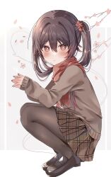 Rule 34 | 1girl, absurdres, alternate costume, black pantyhose, blush, boo tao (genshin impact), brown hair, casual, flower, flower-shaped pupils, genshin impact, hair flower, hair ornament, highres, hu tao (genshin impact), loafers, long hair, looking at viewer, pantyhose, plum blossoms, red eyes, red scarf, rim (ririm711), scarf, shoes, solo, squatting, symbol-shaped pupils, twintails, winter clothes