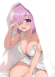 Rule 34 | 1girl, alternate costume, ayul (ayulneri 92), blush, breasts, cleavage, collarbone, fate/grand order, fate (series), hair over one eye, hand up, highres, large breasts, light purple hair, looking at viewer, mash kyrielight, nightgown, open mouth, purple eyes, short hair, sitting, smile, solo, strap slip, thighs