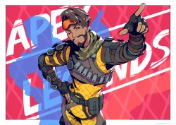 Rule 34 | 1boy, animification, apex legends, black gloves, bodysuit, brown hair, dark-skinned male, dark skin, facial hair, fingerless gloves, gloves, goatee, goggles, goggles on head, hand on own hip, highres, kotatsu (g-rough), looking at viewer, male focus, mirage (apex legends), one eye closed, pointing, pointing up, shadow, smile, solo, yellow bodysuit