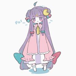 Rule 34 | 1girl, ahoge, blush, crescent, crescent hair ornament, double bun, dress, hair bun, hair ornament, highres, long hair, long sleeves, m (m073111), open mouth, patchouli knowledge, pink dress, purple eyes, purple hair, signature, simple background, sleeves past fingers, sleeves past wrists, socks, solo, striped clothes, striped dress, touhou, vertical-striped clothes, vertical-striped dress, white background, white socks, wide sleeves