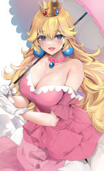 Rule 34 | 1girl, bare shoulders, blonde hair, blue eyes, blush, breasts, brooch, cleavage, crown, dress, earrings, gloves, highres, jewelry, large breasts, long hair, looking at viewer, mario (series), marushin (denwa0214), nintendo, open mouth, parasol, pink dress, princess peach, smile, solo, sphere earrings, umbrella, white gloves