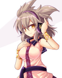 Rule 34 | 1girl, beige shirt, belt, black sailor collar, breasts, brown hair, closed mouth, gold bracelet, hair between eyes, hand on headwear, hand on own chest, headphones, highres, looking at viewer, medium breasts, medium hair, minato mal, pointy hair, sailor collar, shirt, sleeveless, sleeveless shirt, smile, solo, standing, touhou, toyosatomimi no miko, upper body, white background, yellow eyes