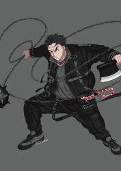 Rule 34 | 1boy, absurdres, alternate costume, ball and chain (weapon), black jacket, black pants, blank eyes, chain, character name, contemporary, grey background, grey footwear, grey shirt, highres, himejima gyoumei, jacket, kake hashi3, kimetsu no yaiba, long sleeves, male focus, open clothes, open jacket, pants, parted lips, scar, scar on face, scar on forehead, shirt, shoes, simple background, sneakers, spiked ball and chain, standing