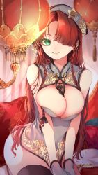 Rule 34 | 1girl, alternate costume, black bow, black thighhighs, bow, braid, breasts, china dress, chinese clothes, cleavage, dress, earrings, gloves, green eyes, hair bow, hair over one eye, hat, highres, hong meiling, indoors, jewelry, lamp, large breasts, long hair, red hair, risui (suzu rks), sitting, smile, solo, star (symbol), tassel, thighhighs, touhou, twin braids, white dress, white gloves, white hat