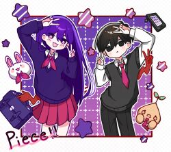 Rule 34 | 1boy, 1girl, :&lt;, antenna hair, bag, black eyes, black hair, black pants, black sweater vest, border, brother and sister, closed mouth, collared shirt, contrapposto, cowboy shot, double v, hands up, highres, long sleeves, looking at viewer, mari (headspace) (omori), mari (omori), miniskirt, neckerchief, necktie, nyannyanrone, omori, pants, pink eyes, pink neckerchief, pink necktie, pink skirt, pleated skirt, purple hair, purple sweater, red hands, school bag, shirt, short hair, siblings, sidelocks, skirt, sprout mole, star system, straight hair, sunny (omori), sweater, sweater vest, v, v-neck, white border, white shirt