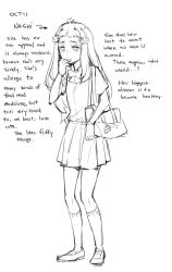 Rule 34 | 1girl, antenna hair, bag, bow, bowtie, cat, character name, character profile, collared shirt, covering own mouth, english text, full body, ge-b, greyscale, hair ornament, highres, kneehighs, loafers, long hair, monochrome, original, school bag, school uniform, shirt, shoes, short sleeves, simple background, sketch, socks, solo, standing, text focus, turn pale, white background