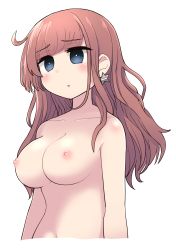 Rule 34 | 1girl, :o, alternate hairstyle, atlanta (kancolle), blue eyes, blush, breasts, brown hair, earrings, hair down, highres, jewelry, kantai collection, large breasts, long hair, navel, nipples, simoyuki, simple background, solo, star (symbol), star earrings, upper body, white background