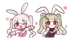 Rule 34 | 2girls, :&gt;, :d, alice (nikke), animal ears, antenna hair, black leotard, blush, blush stickers, bowtie, breasts, chibi, double bun, fake animal ears, fake tail, goddess of victory: nikke, green hair, hair bun, hair ornament, hair ribbon, hairclip, heart antenna hair, large breasts, leotard, long hair, mming (mmingis18), mole, mole on breast, multiple girls, one eye closed, open mouth, pink bow, pink bowtie, pink eyes, pink hair, pink leotard, rabbit ears, red eyes, ribbon, smile, soda (nikke), strapless, strapless leotard, tail, twintails, wrist cuffs
