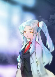 Rule 34 | 1girl, angela (project moon), black skirt, black vest, blue hair, breasts, closed mouth, collared shirt, commentary request, cowboy shot, harvest fes, lab coat, light blue hair, lobotomy corporation, long hair, medium breasts, necktie, one side up, project moon, red necktie, shirt, skirt, solo, vest, white shirt, yellow eyes