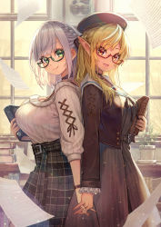 Rule 34 | 2girls, back-to-back, belt, black choker, black headwear, black skirt, blonde hair, blunt bangs, book, breasts, brown belt, choker, commentary request, glasses, green-framed eyewear, green eyes, hat, highres, holding, holding book, hololive, indoors, interlocked fingers, large breasts, long hair, long sleeves, looking at viewer, medium breasts, multiple girls, open mouth, paper, plaid, plaid skirt, pointy ears, red-framed eyewear, revision, sailor collar, sakumichi, semi-rimless eyewear, shiranui flare, shiranui flare (street), shirogane noel, shirogane noel (casual), short hair, silver hair, skirt, smile, striped clothes, striped skirt, sweater, under-rim eyewear, vertical-striped clothes, vertical-striped skirt, virtual youtuber, white sailor collar, white sweater, window