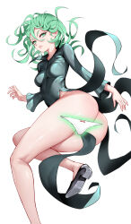 Rule 34 | 1girl, absurdres, ass, black footwear, bottomless, breasts, closed mouth, commentary, curly hair, dress, explosive, foot out of frame, green dress, grenade, grey hair, highres, lips, long sleeves, looking at viewer, medium hair, one-punch man, panties, unworn panties, secon, simple background, small breasts, solo, tatsumaki, thighs, underwear, white background, white panties