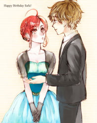 Rule 34 | 1boy, 1girl, ahoge, alternate costume, alternate hairstyle, bad id, bad pixiv id, birthday, blue dress, blush, braid, brown hair, cropped jacket, dress, formal, gloves, happy birthday, height difference, no.6, outstretched hand, own hands clasped, own hands together, red eyes, red hair, safu, shion (no.6), shiro (shounen to hero), short hair, suit
