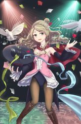 Rule 34 | 1girl, bird, black leotard, black sleeves, blonde hair, boots, brown pantyhose, cape, cross-laced footwear, detached sleeves, dove, dress, gol mant, green eyes, hair bun, highres, knee boots, lace-up boots, leotard, long hair, looking to the side, magic, magician, open mouth, pantyhose, pink dress, returning witch sally-chan, sally (returning witch sally-chan), single hair bun, smile, solo, sparkle