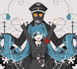 Rule 34 | 1boy, 1girl, :d, absurdly long hair, arms up, blue eyes, blue hair, collared shirt, compa kuki, crossover, eyepatch, gas mask, hat, hatsune miku, hellboy (comic), highres, holding, holding hair, karl ruprecht kroenen, long hair, mask, military, military hat, military uniform, nazi, necktie, open mouth, power lines, sheath, sheathed, shirt, smile, solo focus, sword, uniform, very long hair, vocaloid, weapon