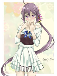 Rule 34 | 1girl, akebono (kancolle), bell, commentary request, cowboy shot, dress, flower, gakky, hair bell, hair flower, hair ornament, jingle bell, kantai collection, long hair, looking at viewer, official alternate costume, one-hour drawing challenge, purple eyes, purple hair, side ponytail, solo, twitter username, very long hair, white dress