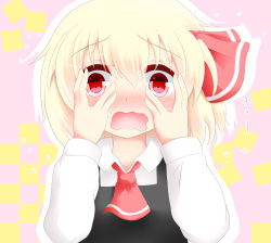 Rule 34 | 1girl, ascot, bad id, bad pixiv id, blonde hair, blush, female focus, hair ribbon, hands on own cheeks, hands on own face, koji (kohei66), open mouth, red eyes, ribbon, rumia, shirt, short hair, solo, touhou, upper body, vest, wavy mouth