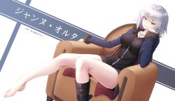 Rule 34 | 1girl, ahoge, armchair, bare legs, barefoot, black dress, black footwear, blue jacket, boots, breasts, chair, dress, dutch angle, fate/grand order, fate (series), feet, fur-trimmed sleeves, fur collar, fur trim, jacket, jeanne d&#039;arc (fate), jeanne d&#039;arc alter (fate), jeanne d&#039;arc alter (ver. shinjuku 1999) (fate), jewelry, knee boots, large breasts, leg up, long sleeves, looking at viewer, nail polish, necklace, official alternate costume, open clothes, open jacket, parted lips, pink nails, short dress, short hair, silver hair, single boot, sitting, smile, solo, toenail polish, toenails, translated, two-tone background, v-shaped eyebrows, yellow eyes, yuunagi (0217)
