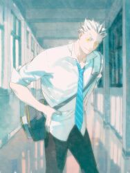 Rule 34 | 1boy, bag, black bag, black pants, blue background, blue necktie, bokuto koutarou, chengongzi123, closed mouth, collared shirt, colored eyelashes, commentary, cowboy shot, grey hair, haikyuu!!, hallway, hands on own hips, highres, indoors, looking at viewer, male focus, multicolored hair, necktie, pants, school, shirt, short hair, shoulder bag, smile, standing, streaked hair, striped necktie, symbol-only commentary, thick eyebrows, very short hair, white hair, white shirt, window, yellow eyes