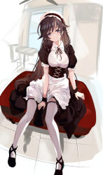 Rule 34 | 1girl, absurdres, alternate costume, apron, between legs, black dress, black footwear, black hairband, black ribbon, bra visible through clothes, breasts, brown hair, chair, closed mouth, collared shirt, commentary request, dress, enmaided, frilled hairband, frills, full body, garter straps, girls und panzer, hair between eyes, hairband, hand between legs, head tilt, highres, isuzu hana, long hair, looking at viewer, lumo 1121, maid, medium breasts, neck ribbon, puffy short sleeves, puffy sleeves, purple eyes, ribbon, shirt, shoes, short sleeves, sitting, smile, solo, thighhighs, underbust, unfinished, sketch background, very long hair, waist apron, white apron, white shirt, white thighhighs, wrist cuffs
