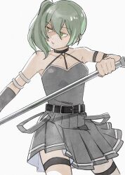 Rule 34 | 1girl, absurdres, black skirt, green eyes, green hair, highres, holding, holding staff, holding weapon, looking to the side, medium hair, side ponytail, skirt, socks, solo, sousou no frieren, staff, thighhighs, ubel (sousou no frieren), watamoke, weapon, white socks