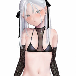 Rule 34 | + +, 1girl, bikini, black bikini, black ribbon, blush, commentary, elbow gloves, expressionless, flat chest, gloves, hair ribbon, lace, lace gloves, long hair, looking at viewer, nakamura kuzuyu, navel, original, parted lips, ribbon, simple background, solo, swimsuit, symbol-only commentary, twintails, upper body, white background, white eyes, white hair