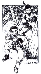 Rule 34 | 2boys, absurdres, adjusting weapon, artist name, backpack, bag, belt pouch, binoculars, boots, buzz cut, cheekbones, cloak, closed mouth, commentary request, dated, facial hair, facial scar, from above, frown, goatee, golden kamuy, greyscale, hair slicked back, half-closed eyes, highres, holding, holding binoculars, hood, hood down, hooded cloak, imperial japanese army, jacket, knee boots, kneeling, light smile, long sleeves, looking ahead, loose hair strand, male focus, military uniform, monochrome, multiple boys, mushroom (osh320), nikaidou kouhei, ogata hyakunosuke, on ground, outdoors, outside border, pouch, scar, scar on cheek, scar on face, short hair, sitting, snow, tree, undercut, uniform, very short hair, weapon, weapon on back
