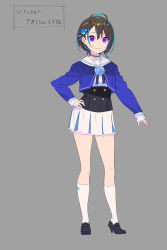 Rule 34 | 1girl, antenna hair, black footwear, blue jacket, brown hair, buttons, closed mouth, commentary request, contrapposto, copyright request, crop top, double-breasted, enkyo yuuichirou, full body, grey background, hair ornament, hand on own hip, heart, heart hair ornament, high heels, highres, jacket, long sleeves, looking at viewer, pleated skirt, purple eyes, sailor collar, short hair, simple background, skirt, smile, socks, solo, standing, virtual youtuber, white sailor collar, white skirt, white socks
