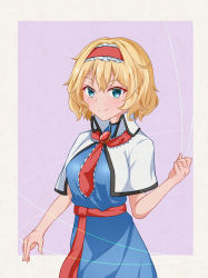 Rule 34 | 1girl, alice margatroid, belt, blonde hair, blue dress, blue eyes, blush, border, breasts, capelet, closed mouth, commentary request, dress, frills, gem, hair between eyes, hairband, hand up, highres, jewelry, looking at viewer, medium breasts, necktie, outside border, purple background, red belt, red gemstone, red hairband, red necktie, short hair, short sleeves, simple background, smile, solo, tasuku (tusktouhou4), touhou, white border, white capelet