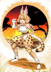 Rule 34 | 1girl, animal ears, blonde hair, bow, bowtie, cat ears, cat girl, cat tail, elbow gloves, extra ears, full body, gloves, highres, kawanami eito, kemono friends, kneehighs, looking at viewer, nature, outdoors, scarf, serval (kemono friends), serval print, shirt, shoes, short hair, skirt, sleeveless, sleeveless shirt, socks, solo, tail, yellow eyes