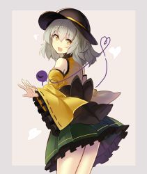 Rule 34 | 1girl, adapted costume, bare shoulders, black hat, black sash, blush, border, commentary request, cowboy shot, detached sleeves, falken (yutozin), frilled sleeves, frills, green skirt, grey background, grey border, hair between eyes, hat, heart, heart of string, komeiji koishi, long sleeves, looking at viewer, looking back, one-hour drawing challenge, outside border, petticoat, ribbon-trimmed sleeves, ribbon trim, sash, shirt, short hair, silver hair, simple background, skirt, solo, standing, thighs, third eye, touhou, wide sleeves, yellow eyes, yellow shirt