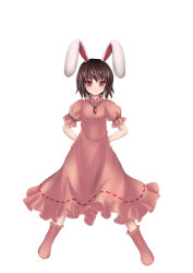 Rule 34 | 1girl, animal ears, black hair, carrot necklace, dress, hands on own hips, highres, inaba tewi, jewelry, looking at viewer, musyne xsk, necklace, rabbit ears, red eyes, ribbon trim, short hair, simple background, smile, solo, touhou, white background