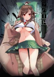 Rule 34 | 1girl, absurdres, bare shoulders, bikini, bikini under clothes, black bikini, bow, breasts, brown hair, coat, crop top, green bow, green skirt, groin, hair bow, highres, large breasts, long hair, long sleeves, looking at viewer, miniskirt, navel, open clothes, open coat, parted lips, ponytail, red eyes, reiuji utsuho, shirt, skirt, solo, standing, stomach, swimsuit, tetsurou (fe+), third eye, touhou, underboob, white shirt