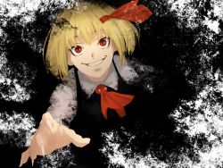 Rule 34 | 1girl, :d, amino (tn7135), ascot, bad id, bad pixiv id, blonde hair, blouse, collared shirt, ascot, fingernails, from above, grin, hair ribbon, long fingernails, long sleeves, looking at viewer, looking up, open mouth, red eyes, red ribbon, ribbon, rumia, shirt, short hair, simple background, smile, solo, teeth, touhou, vest, white shirt, white shirt, wing collar