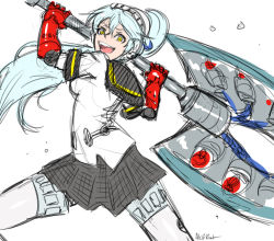 Rule 34 | 1girl, akairiot, android, aqua hair, atlus, axe, battle axe, crazy eyes, crazy smile, dark persona, huge weapon, joints, labrys (persona), long hair, megami tensei, open mouth, persona, persona 4, persona 4: the ultimate in mayonaka arena, ponytail, robot joints, school uniform, serafuku, shadow (persona), shin megami tensei, simple background, sketch, smile, solo, weapon, yellow eyes