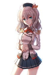 Rule 34 | 1girl, black skirt, blue eyes, blush, breasts, closed mouth, highres, interlocked fingers, kantai collection, kashima (kancolle), long sleeves, looking at viewer, medium breasts, phantania, short hair, silver hair, simple background, skirt, smile, solo, twintails, white background