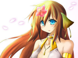 Rule 34 | 1girl, :d, blue eyes, brown hair, ciel nosurge, flower, flower on head, goma (gomasamune), ionasal kkll preciel, jewelry, long hair, looking at viewer, necklace, open mouth, petals, simple background, smile, solo, surge concerto, white background, wind
