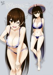 Rule 34 | arms behind back, bikini, breasts, brown eyes, brown hair, character sheet, cleavage, commentary request, fate/grand order, fate (series), full body, grey background, hair between eyes, hand on own hip, hand on own knee, hat, heart, highres, lace trim, large breasts, leaning forward, long hair, looking at viewer, mattari yufi, multiple views, navel, one eye closed, open mouth, shadow, smile, spoken heart, swimsuit, translation request, underwear, underwear only, xuangzang sanzang (fate)