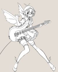 Rule 34 | 1girl, animal ears, bird ears, bird wings, choujuu gigaku, closed mouth, dress, electric guitar, fingernails, full body, glasses, grey background, guitar, hat, highres, holding, holding instrument, holding plectrum, instrument, lineart, monochrome, mystia lorelei, namauni, plectrum, puffy short sleeves, puffy sleeves, shoes, short hair, short sleeves, simple background, solo, touhou, winged footwear, winged hat, wings
