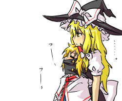 Rule 34 | 2girls, alice margatroid, blonde hair, covered mouth, female focus, hat, kirisame marisa, multiple girls, touhou, under another&#039;s clothes, white background, witch, witch hat, yellow eyes, yomegane, yuri