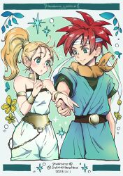 Rule 34 | 1boy, 1girl, armlet, artist name, bare shoulders, belt, blonde hair, blue tunic, blush, bracer, breasts, brown belt, chrono trigger, closed mouth, cowboy shot, crono (chrono trigger), dated, finger to own chin, flower, gold choker, green eyes, green shirt, headband, highres, holding hands, jumpsuit, long hair, looking at another, marle (chrono trigger), maruno, medium breasts, neckerchief, orange neckerchief, parted lips, ponytail, red hair, shirt, short hair, smile, spiked hair, strapless, twitter username, white headband, white jumpsuit, yellow flower