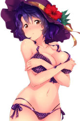 Rule 34 | 10s, 1girl, bad id, bad pixiv id, bikini, blue hair, blush, bow, breasts, brown eyes, covering privates, covering breasts, crossed arms, flower, hat, hat flower, hat ribbon, idolmaster, idolmaster million live!, ima (lm ew), large breasts, looking at viewer, navel, polka dot, polka dot bikini, polka dot bow, polka dot ribbon, ribbon, short hair, side-tie bikini bottom, simple background, solo, sun hat, swimsuit, toyokawa fuka, white background