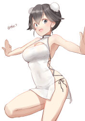 Rule 34 | 1girl, alternate hairstyle, black hair, breasts, bun cover, china dress, chinese clothes, cleavage cutout, clothing cutout, commentary request, double bun, dress, grey eyes, hair bun, hayasui (kancolle), highres, kantai collection, looking at viewer, medium breasts, one-hour drawing challenge, outstretched arms, short hair, simple background, solo, standing, standing on one leg, tetsukuzu (yajirushi shita), white background, white dress