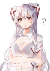 ? blush bra buttons collared_shirt fujiwara_no_mokou highres hiiro60 long_hair red_eyes see-through_clothes shirt short_sleeves sidelocks simple_background touhou underwear wet wet_clothes wet_shirt white_background white_hair white_shirt