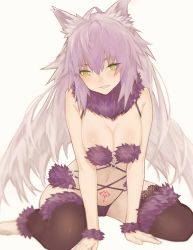 Rule 34 | 1girl, animal ears, atalanta (fate), atalanta alter (fate), between legs, black thighhighs, breasts, cameltoe, choker, cosplay, fate/grand order, fate (series), floating hair, fox ears, fur trim, green eyes, hair between eyes, hand between legs, highres, kirikiri, large breasts, long hair, mash kyrielight, mash kyrielight (dangerous beast), mash kyrielight (dangerous beast) (cosplay), midriff, navel, official alternate costume, panties, parted lips, pink hair, purple panties, shiny skin, simple background, sitting, smile, solo, stomach, tattoo, thighhighs, underwear, very long hair, white background, wrist cuffs