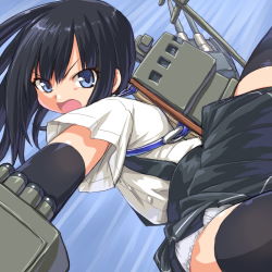 Rule 34 | 10s, 1girl, asashio (kancolle), backpack, bag, black hair, black thighhighs, blue hair, cannon, dd (ijigendd), kantai collection, long hair, looking at viewer, open mouth, personification, skirt, solo, suspenders, thighhighs